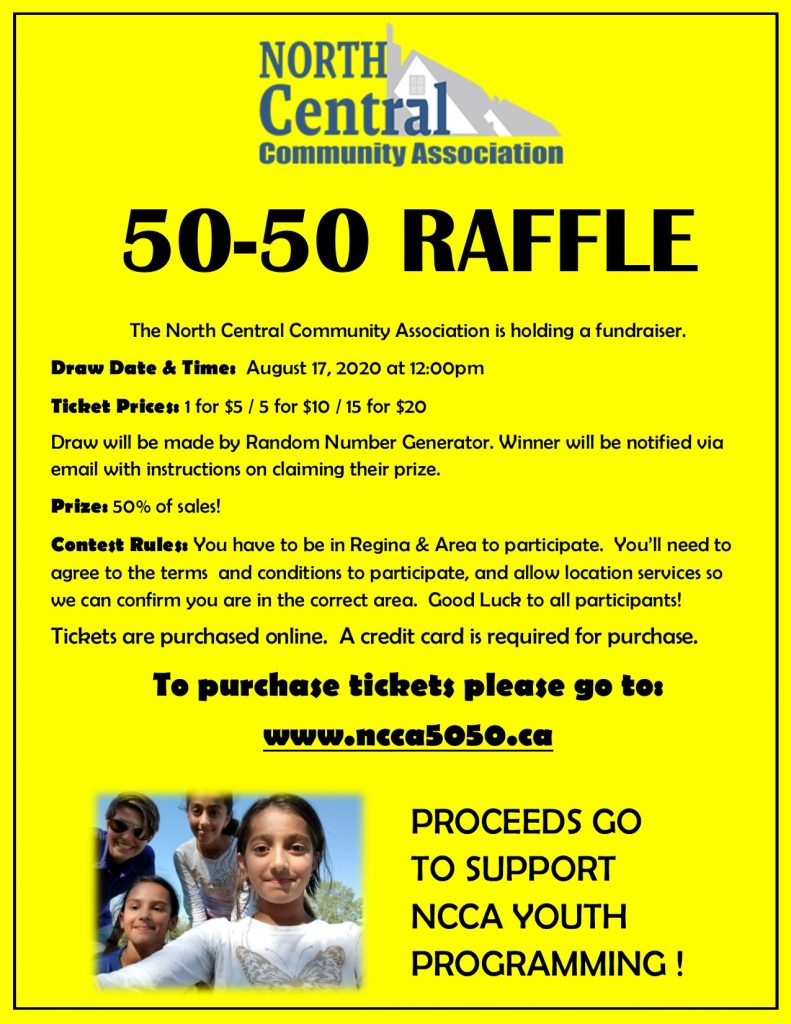50-50 poster August 17 2020 | North Central Community Association Regina